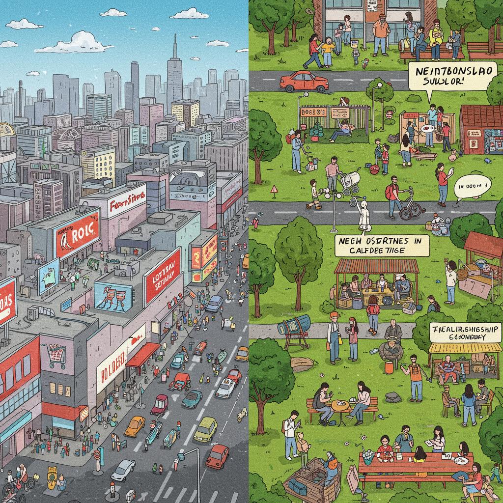 광고 및 소비가 있는 바쁜 도시 거리와 커뮤니티 가든, 시장, 모임이 있는 녹색 이웃을 대조하는 분할 장면 일러스트레이션