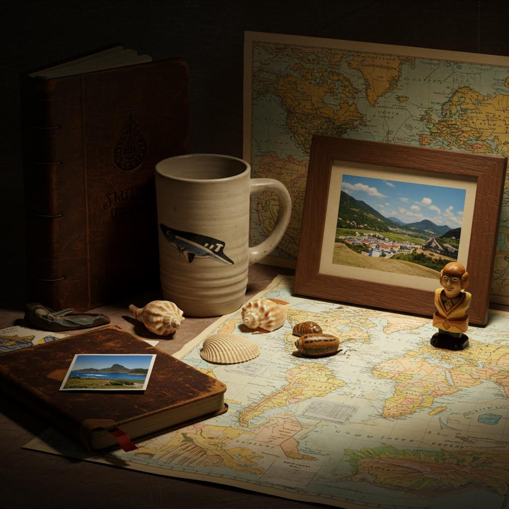 지도 위에 놓인 사진과 조개, 오래된 책이 여행의 추억을 조용히 품은 장면