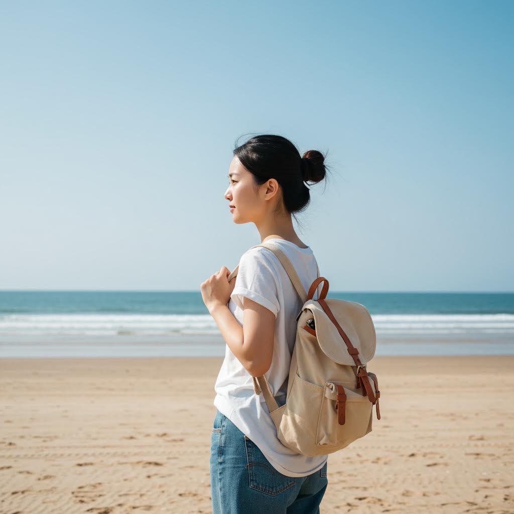 맑은 하늘 아래 해변을 바라보는 여인의 시선에 온카스터디의 진정성이 은근히 번지는 순간