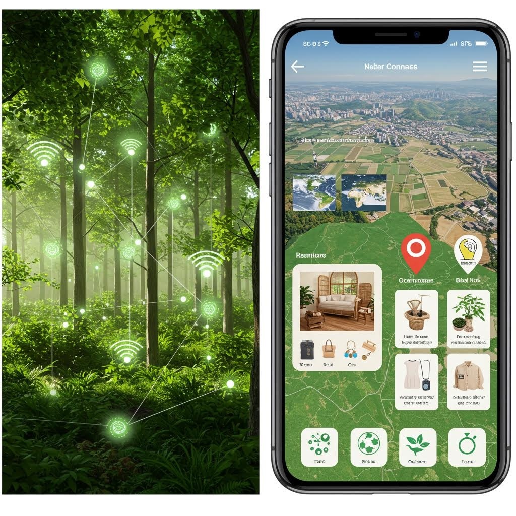 왼쪽: 빛나는 숲속 나무들에 IoT 센서 네트워크 연결; 오른쪽: 스마트폰에 지도·가구·의류·'Eco' 아이콘 뜬 지속 가능 제품 추적 앱 화면.