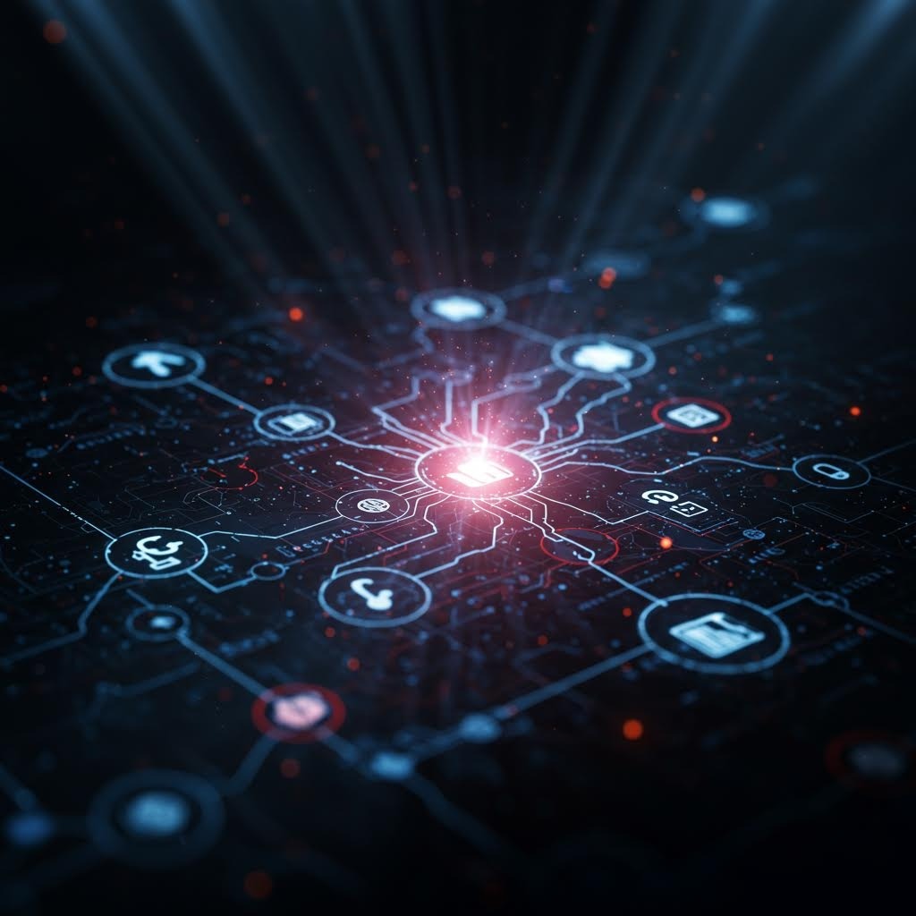 온카스터디 스마트 IoT 허브: 빛나는 중앙 코어에서 다양한 디바이스 아이콘으로 뻗어나가는 연결 네트워크 그래픽.