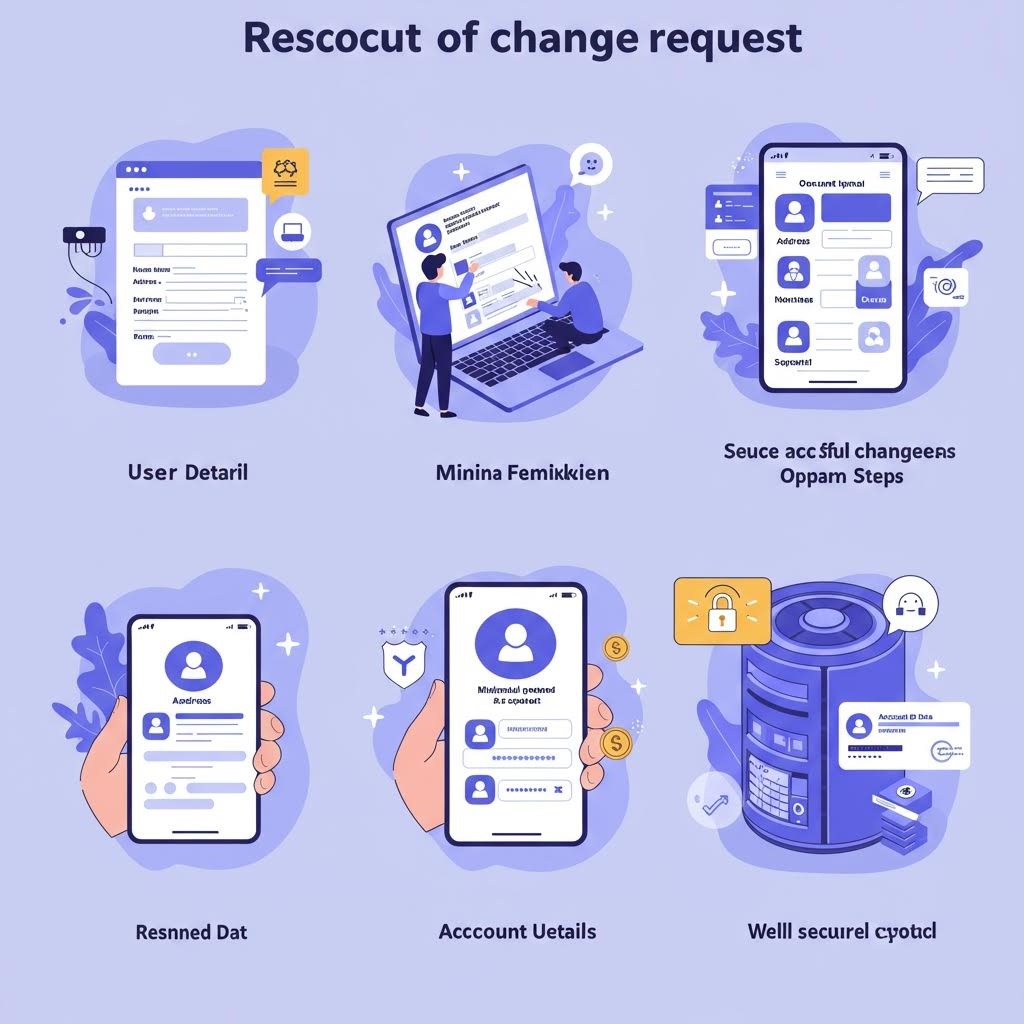 사용자 정보 입력, 프로필 관리, 계정 보안 설정, 암호화 저장 등 개인정보·계정 보안 UI 절차를 설명한 일러스트