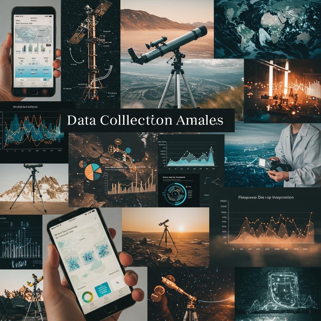 데이터 수집 기기(스마트폰·망원경·센서 등)와 분석 그래프를 조합한 데이터 수집 및 분석 개념 이미지