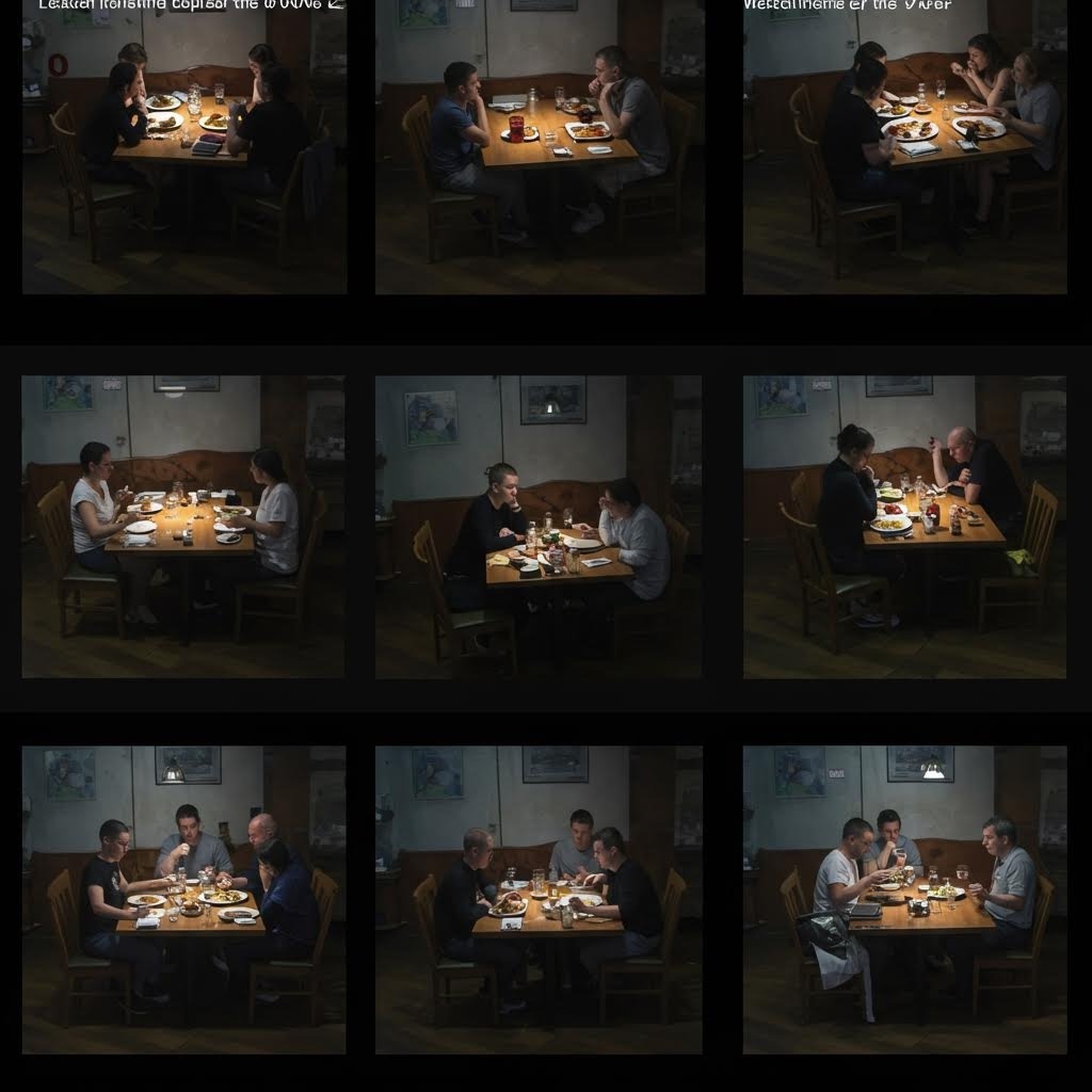 서로 다른 사람들이 식탁에서 대화하거나 스마트폰을 보며 식사하는 장면을 다양한 관점에서 촬영한 일상 관찰 이미지