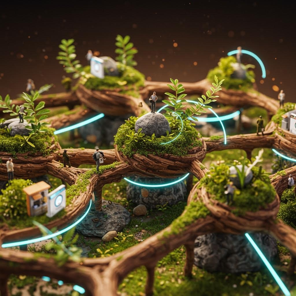 온카스터디 에코 디지털 생태계: 나뭇가지 플랫폼 위 미니어처 사람들과 빛나는 연결선이 어우러진 지속가능 네트워크.