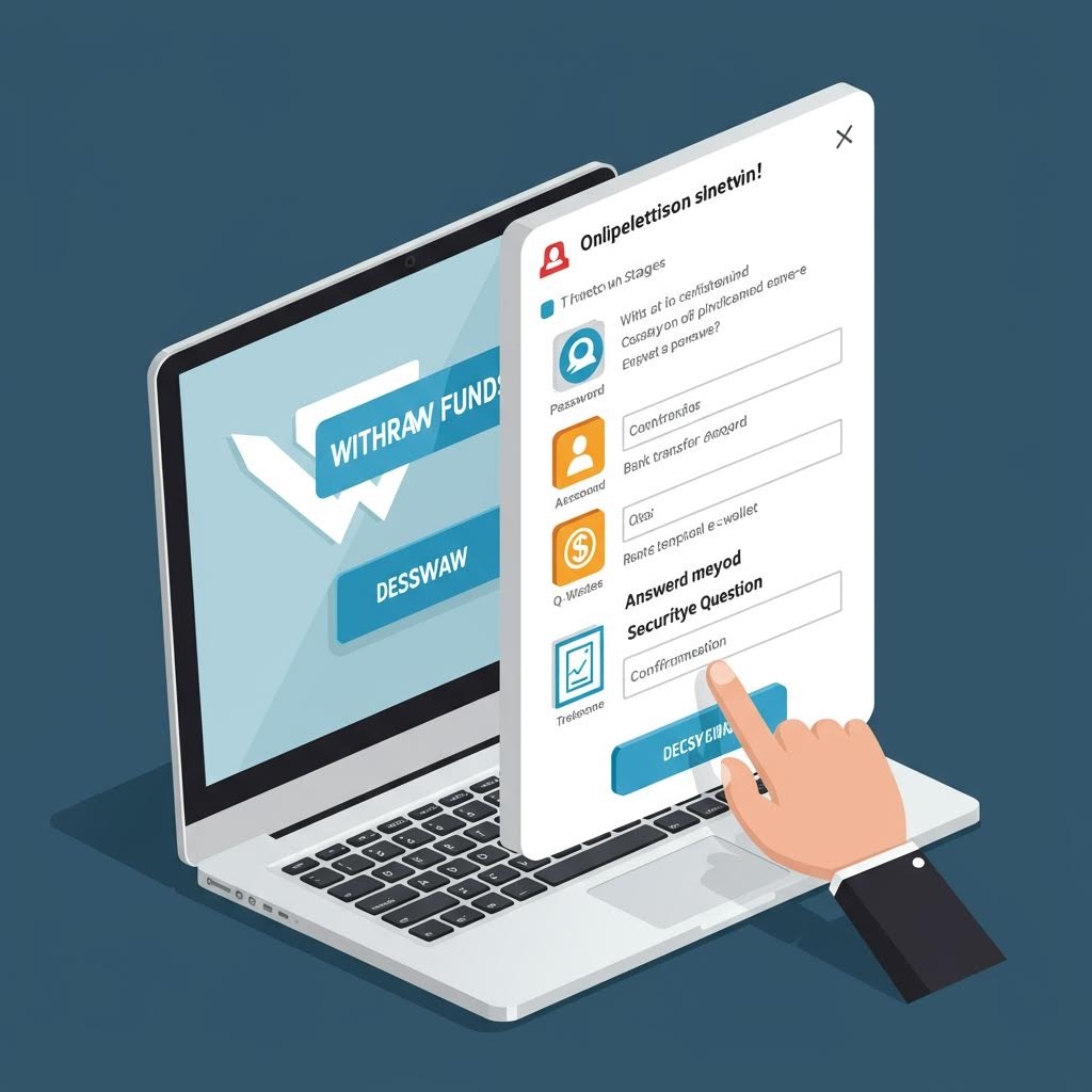 온라인 출금 화면과 함께 보안 정보를 입력하는 절차를 시각적으로 보여주는 계정 인증 UI