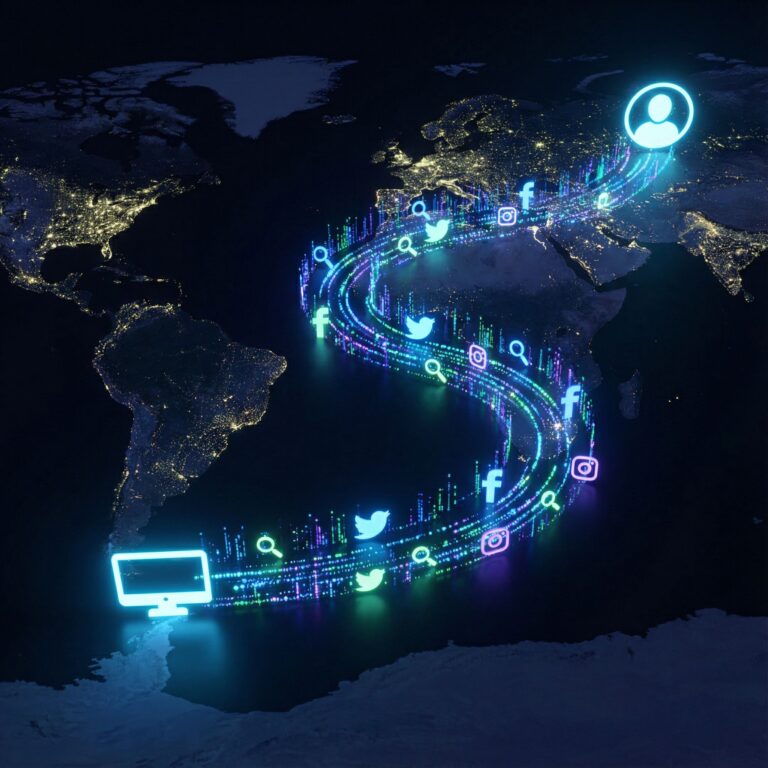 어두운 지도 위에 데이터와 검색 아이콘, 소셜 미디어 심볼로 이루어진 빛나는 디지털 발자국 길이 개인의