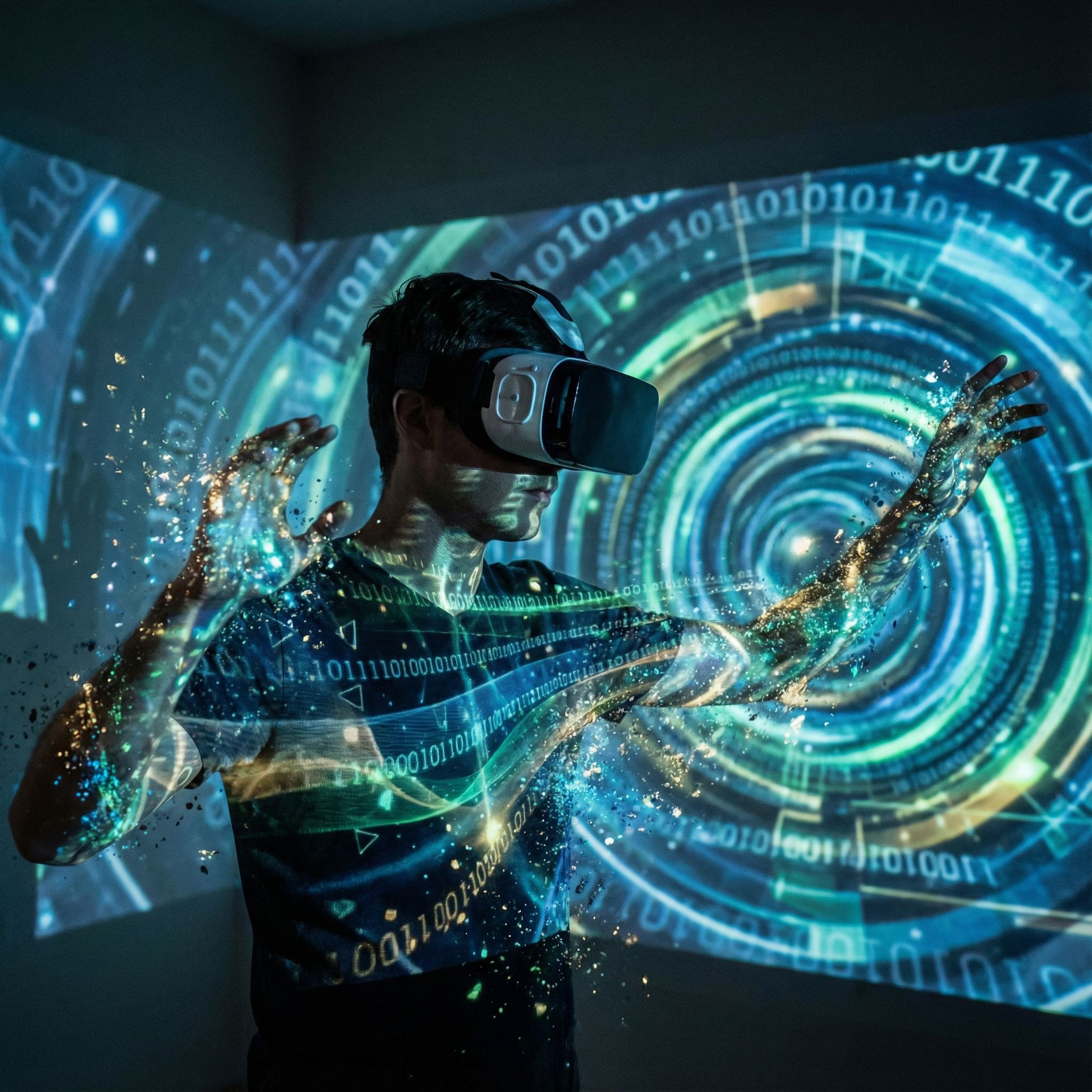 한 사람이 VR 헤드셋을 쓰고 있으며, 그의 육체는 반짝이는 빛과 데이터 흐름의 디지털 우주로 흩어져