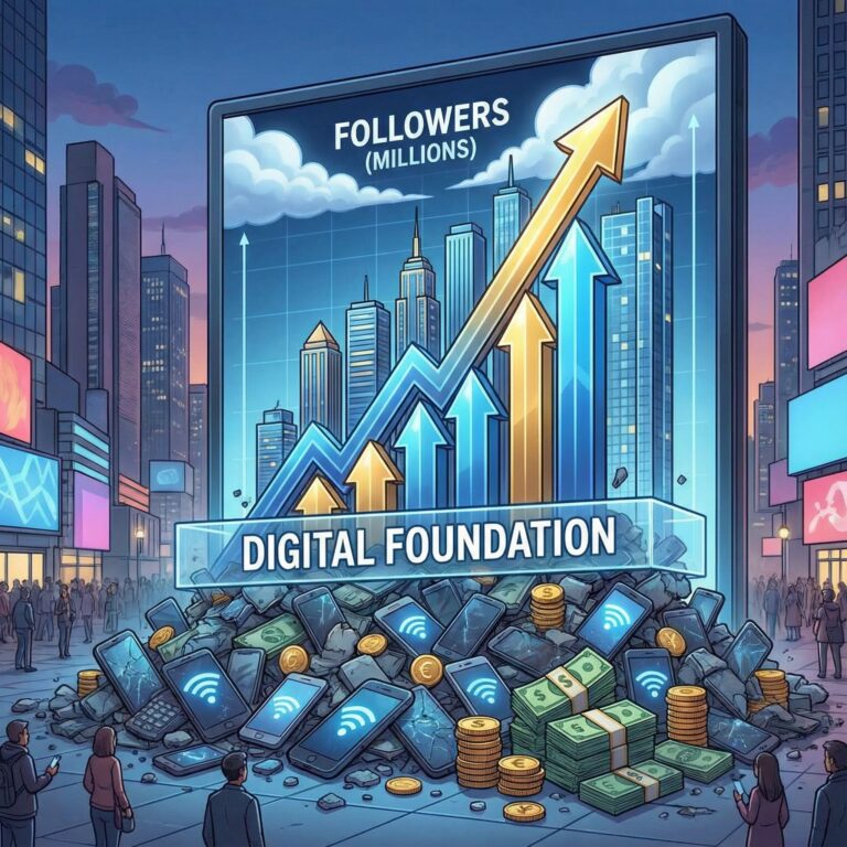 스마트폰과 와이파이 신호, 통화 기호로 쌓은 기반 위로 소셜미디어 팔로워 수가 마치 고층 빌딩처럼 치솟는