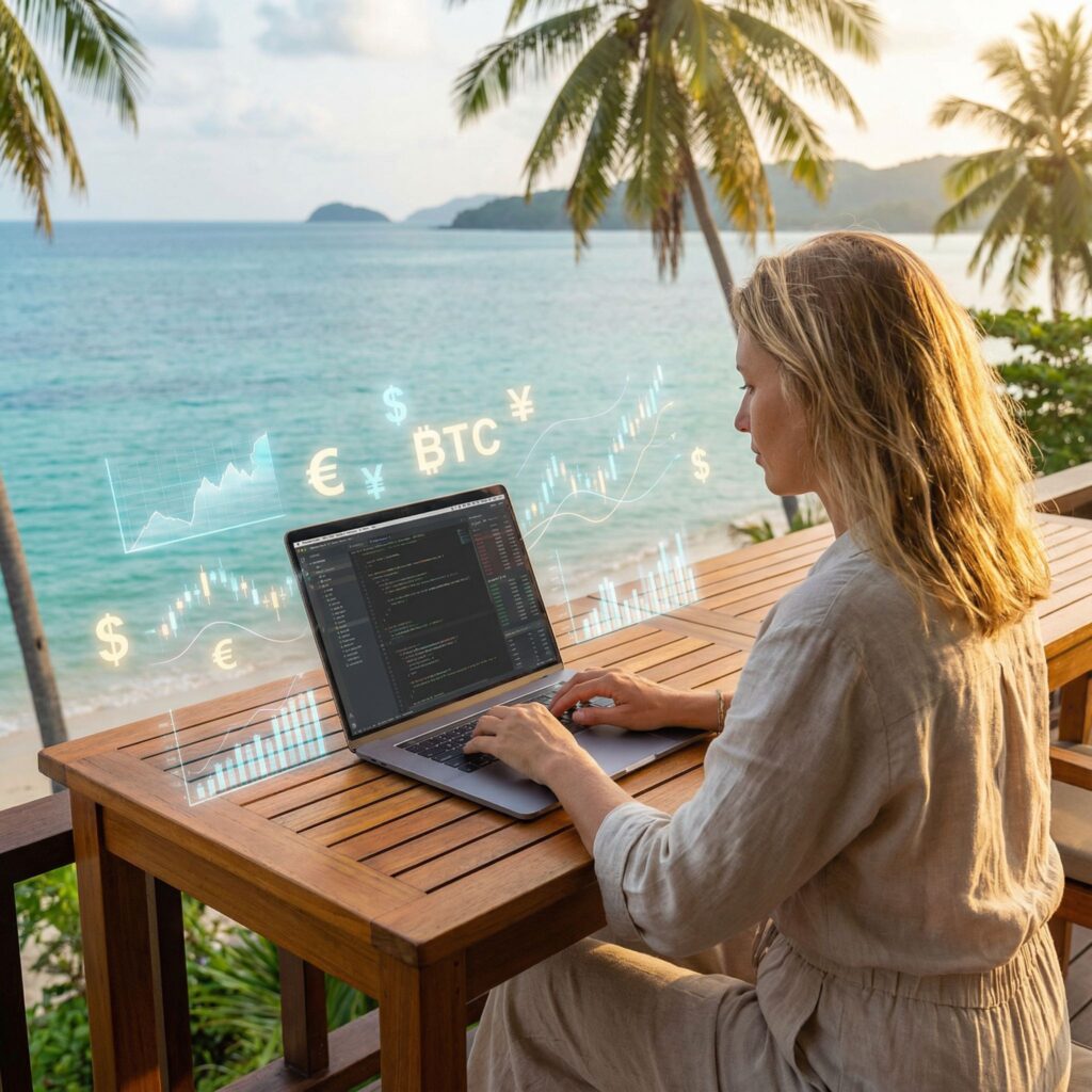 열대 해변을 배경으로 노트북을 작업하는 디지털 노마드 주변에 반짝이는 금융 차트와 통화 기호가 공중에