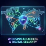 빛나는 VPN 방패 아이콘이 세계 지도 위에서 다양한 사용자들을 연결하며 디지털 보안과 접근성을 상징하는