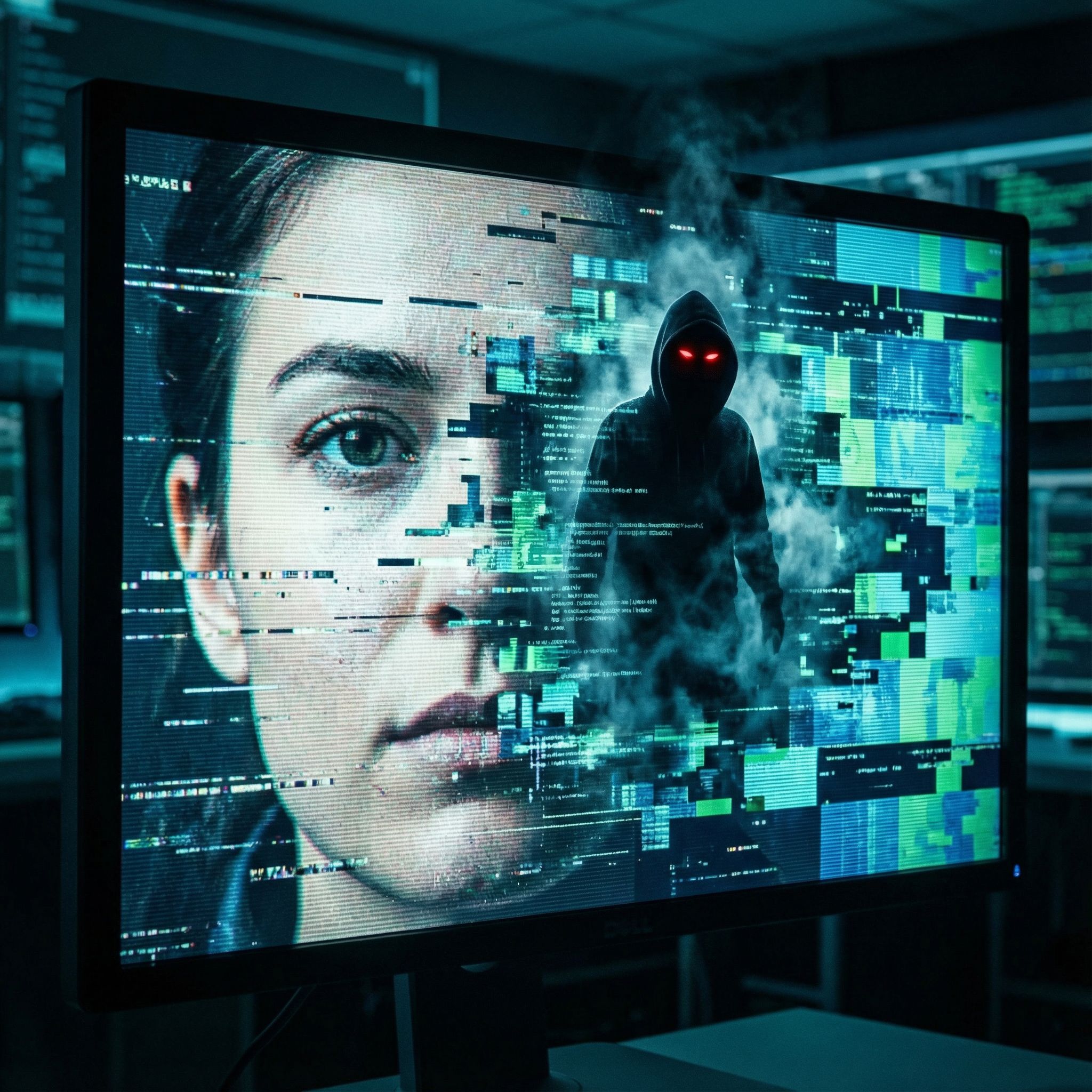 고해상도 디지털 얼굴이 데이터 오류로 깨지며 어둡고 사악한 실루엣이 드러나는 모습이다.