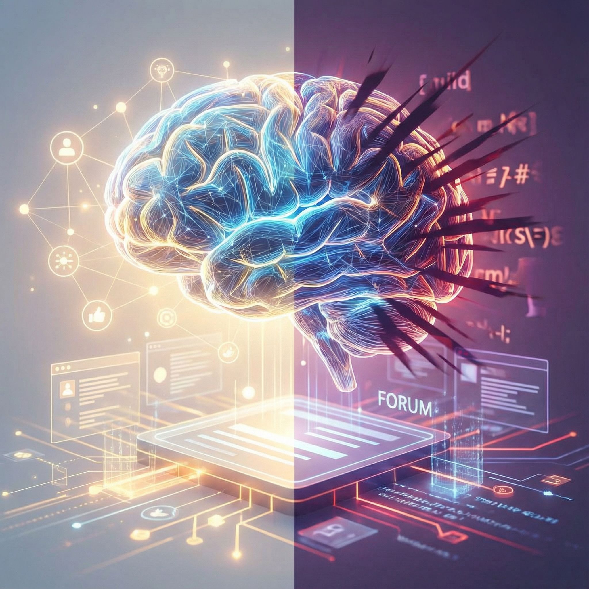 빛나는 연결선으로 이루어진 디지털 뇌가 반은 협력의 빛, 반은 분열의 그림자에 덮여 추상적인 온라인 포럼