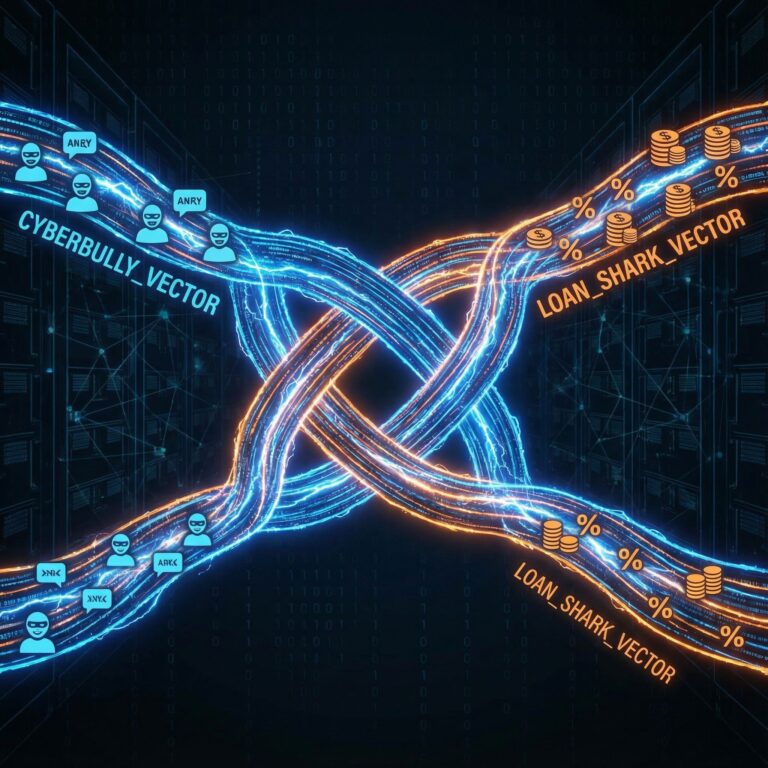 어두운 네트워크 공간에서 사이버 불량배와 사채업자의 위협적 형상이 빛나는 데이터 흐름으로 교차하며