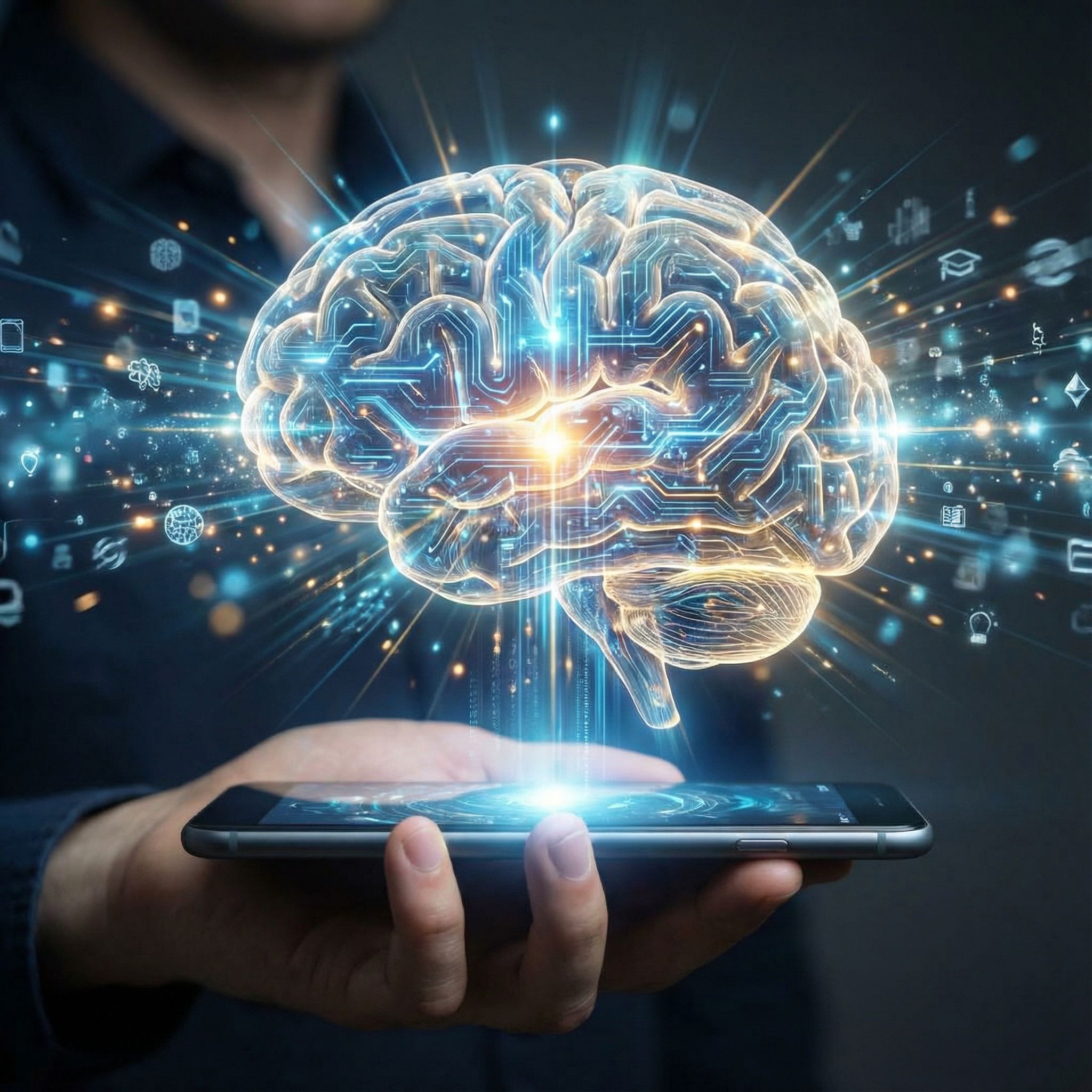 빛나는 디지털 회로가 새겨진 뇌가 핵심에서 휘황한 빛을 발산하며 스마트폰 화면을 넘어 확장되는 모습이다.