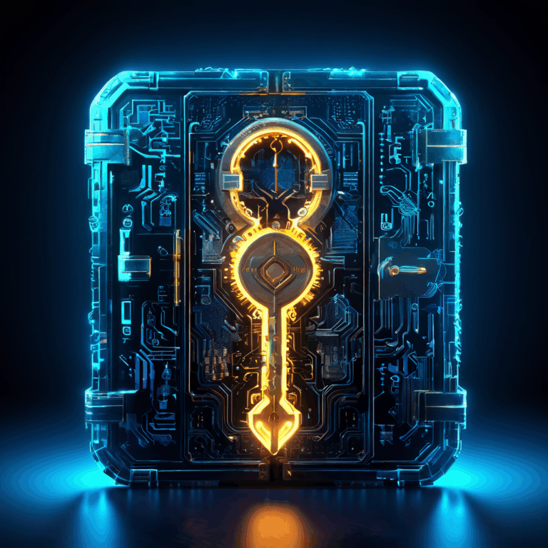 디지털 코드로 빛나는 복잡한 열쇠가 추상적인 데이터와 암호화폐 기호가 담긴 미래형 금고를 여는 모습이다.