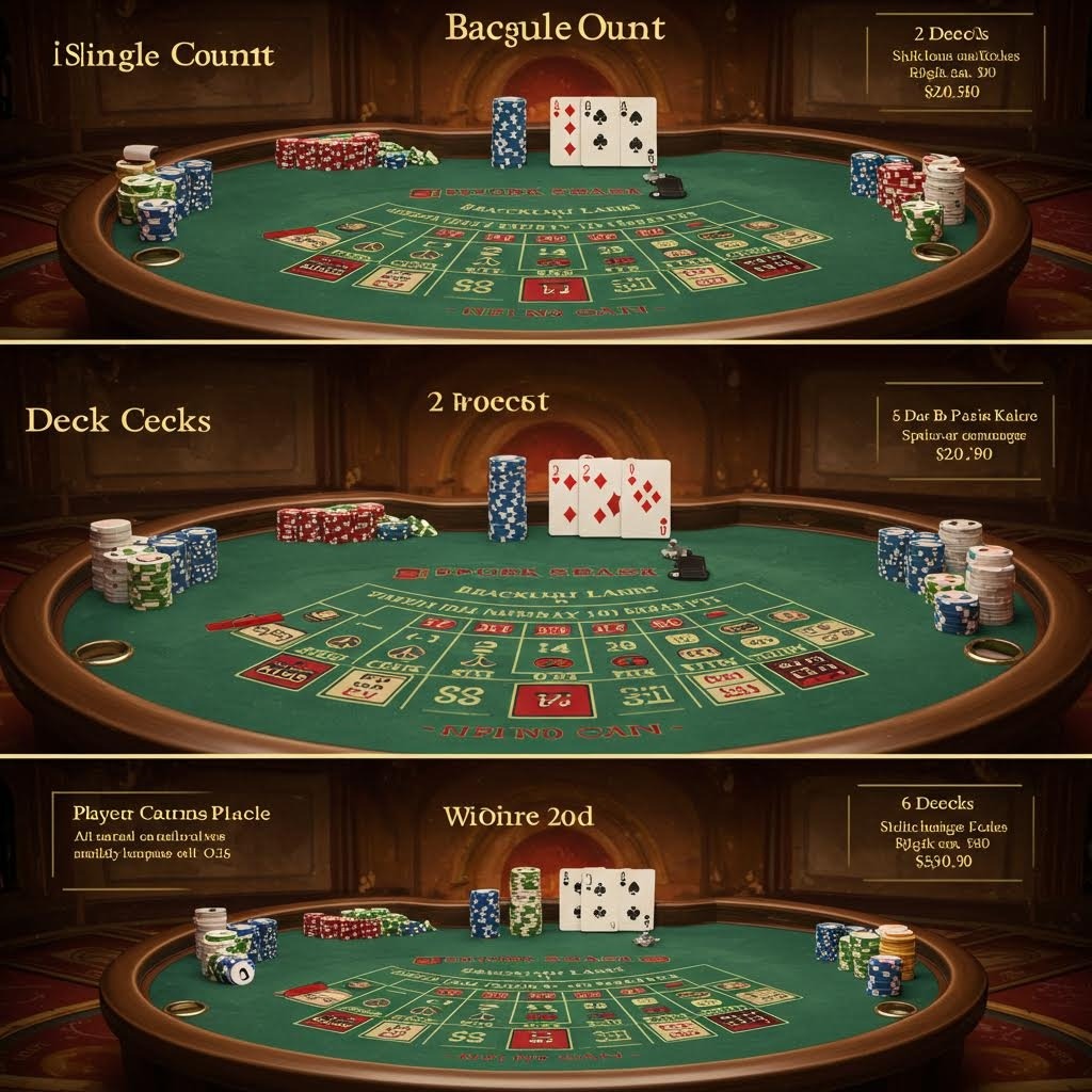 블랙잭 테이블에 서로 다른 카드 조합과 칩 배치가 정리된 게임 구성 이미지
