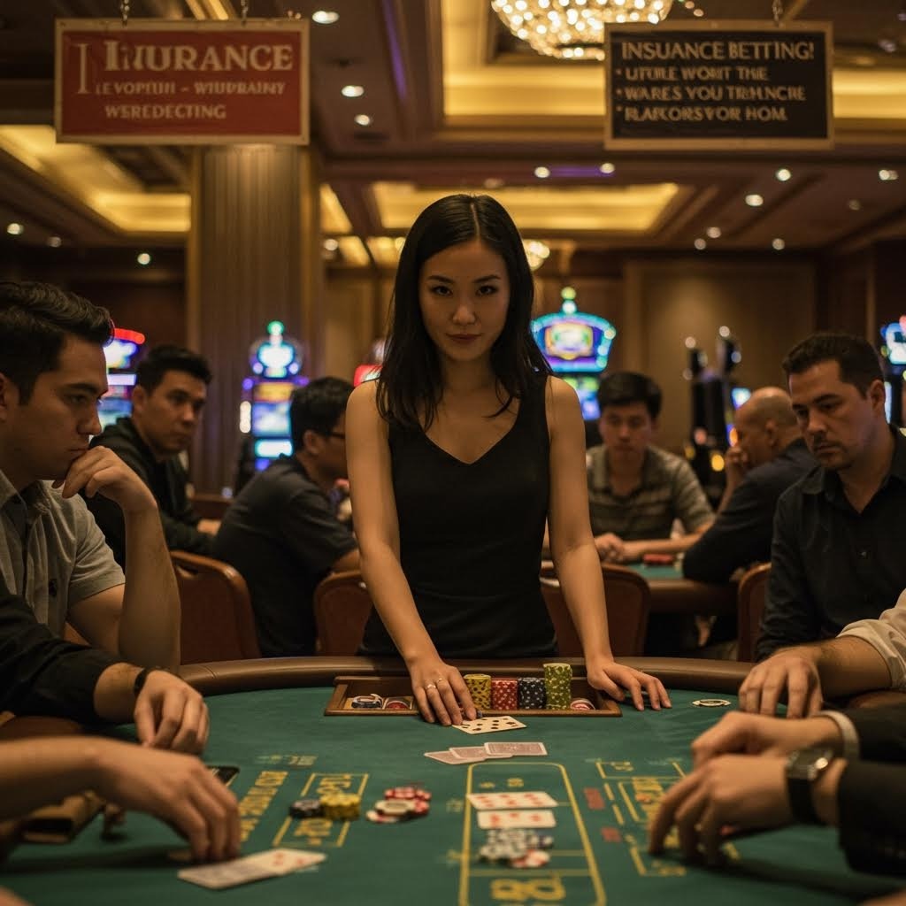딜러와 여러 이용자가 카지노 테이블에서 칩과 카드를 주고받으며 게임을 진행하는 장면