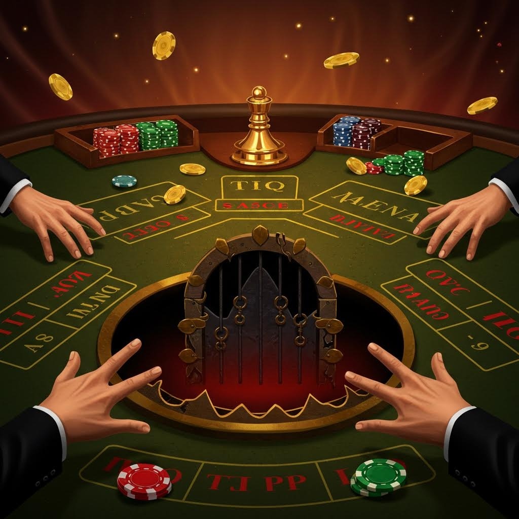 칩이 떨어지는 중앙 구멍과 플레이어 손이 둘러싼 독특한 테이블 구성의 그래픽 이미지