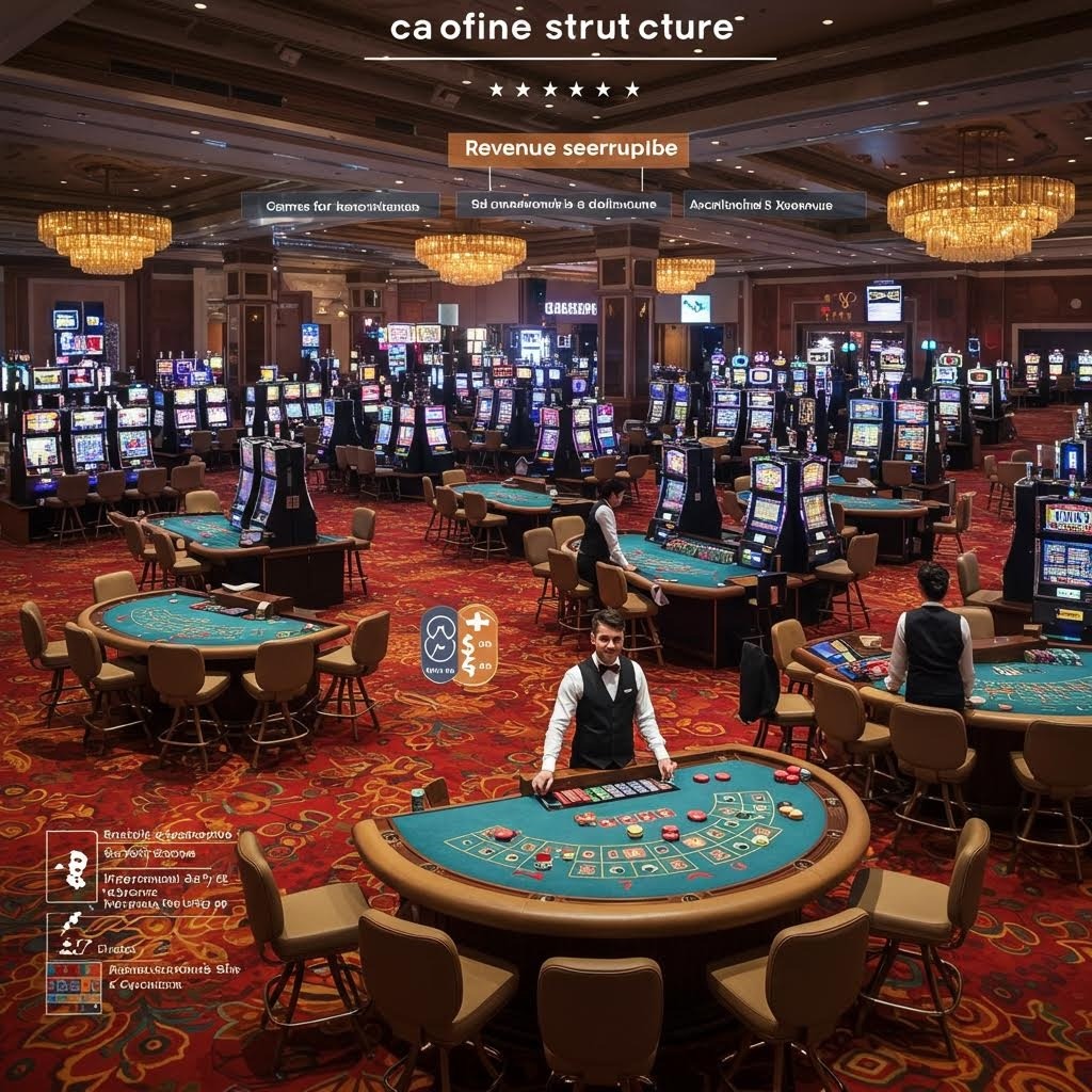 슬롯머신과 테이블 게임이 가득한 넓은 카지노 홀 전경과 직원들의 운영 모습