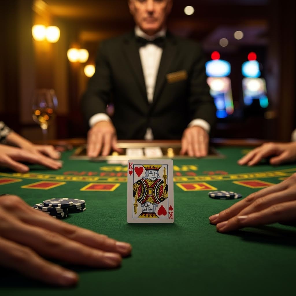 킹 카드가 테이블 중앙에 놓여 있고 딜러와 플레이어 손이 둘러싼 게임 상황