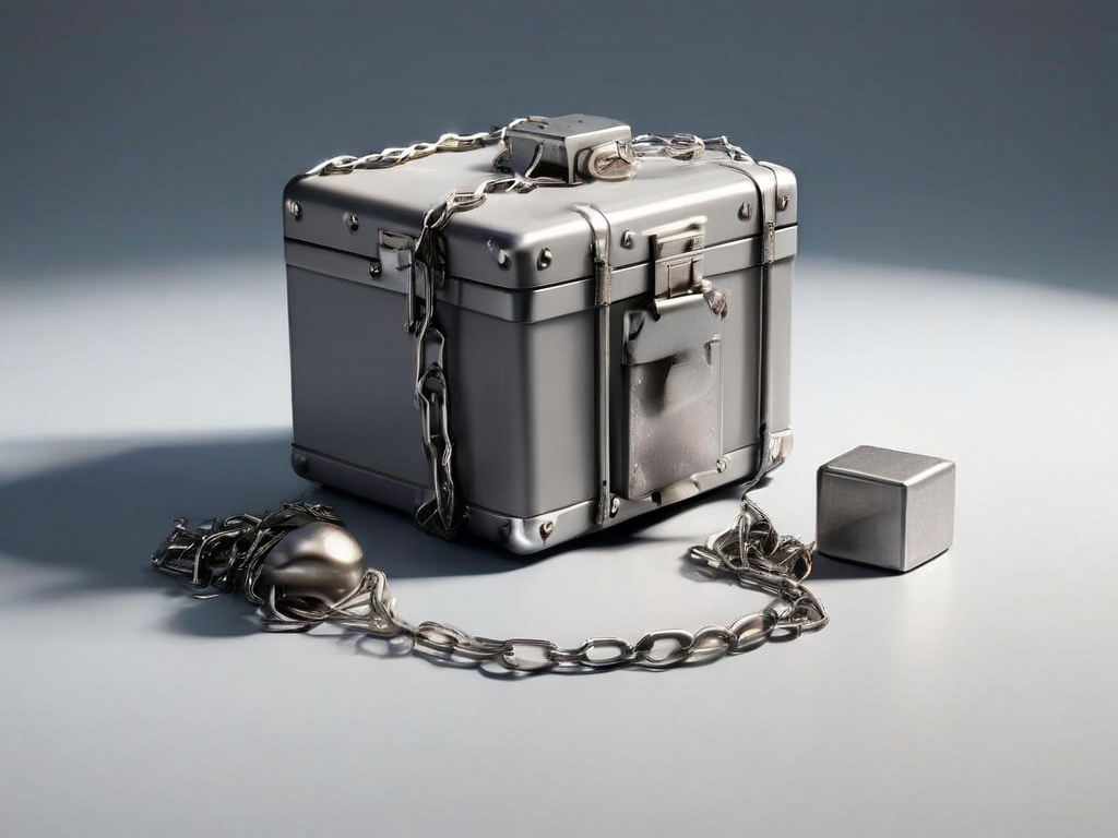 Metal storage case with chain beside small labeled blocks on gray surface.