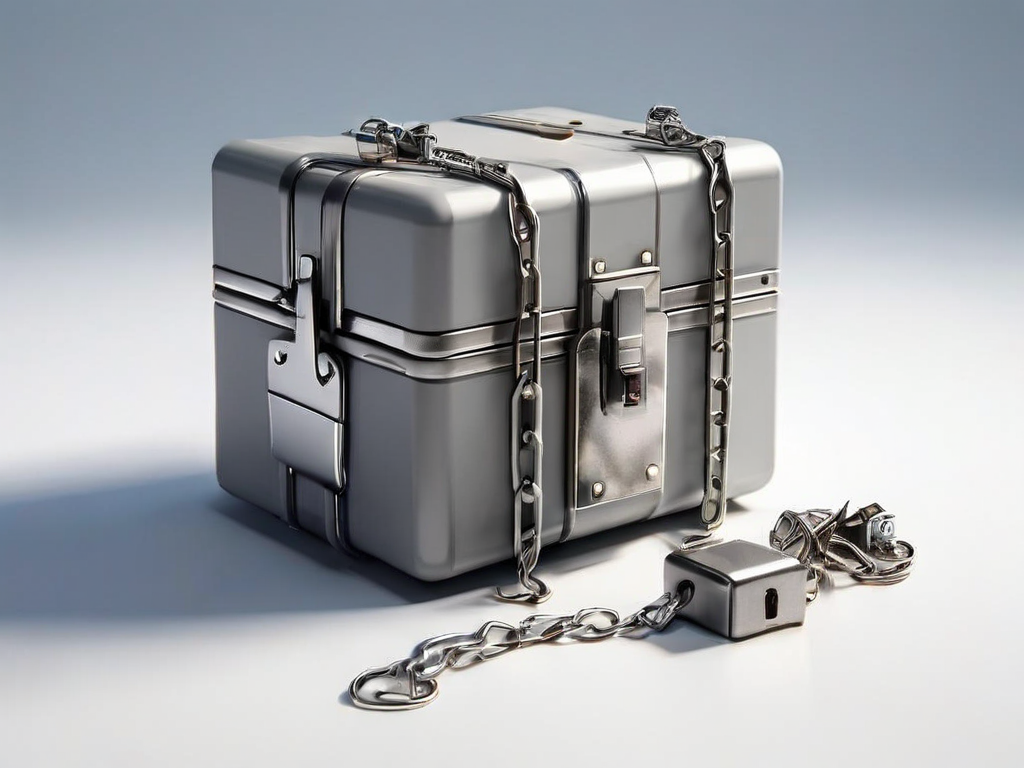 Secure storage case with metal chain and labeled blocks on gray surface.