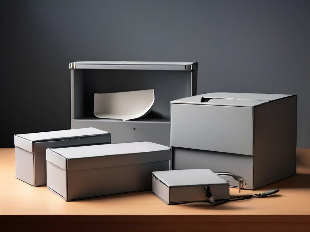 Small archive boxes arranged with blank compartment inserts on a gray studio surface, soft side light casting clean shadows...