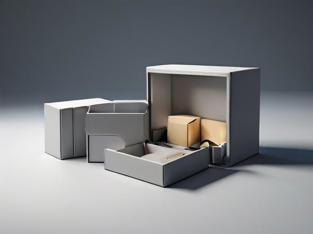 Small archive boxes and blank compartment inserts on a gray studio surface, representing practical information grouping and...